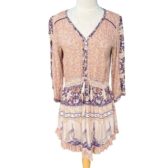 Spell Xanadu Mini Play Dress Gold Dust XS Peacocks Boho Ruffle GUC - Picture 2 of 16